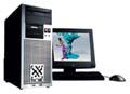 A black computer tower next to a monitor, keyboard, and mouse on a white background.