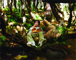A young boy in a vest and tan pants sits amidst large, mossy tree roots in a sunlit forest.