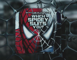 A graphic featuring Spider-Man's mask and the text 'Which Spidey Suits You?' behind a web pattern.