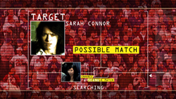 Digital surveillance screen showing a target portrait and a possible match over a crowd.