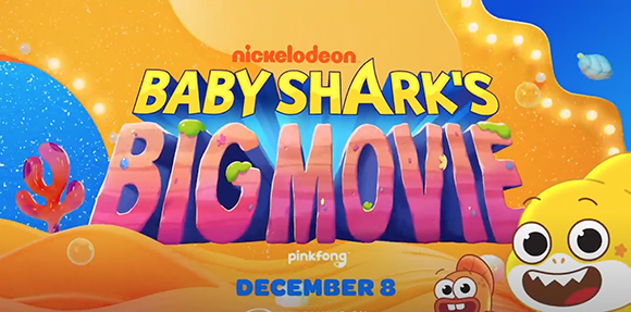 Colorful title card for Baby Shark's Big Movie featuring bright text and cartoon shark characters.