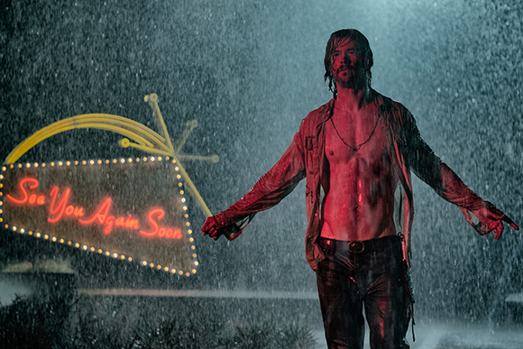 A man with an open shirt stands in heavy rain in front of a glowing neon sign that reads 'See You Again Soon'.