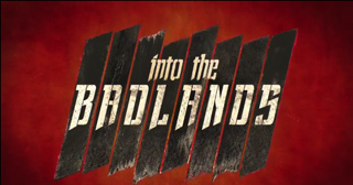 Stylized text reading 'Into the Badlands' in white against dark, jagged vertical shards on a red background.