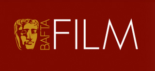BAFTA Film logo featuring a gold mask icon and white text on a dark red background.