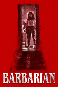 A woman stands in a doorway at the top of dark stairs against a solid red background.