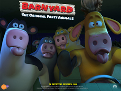 Animated cows with expressive faces posing for a movie poster.