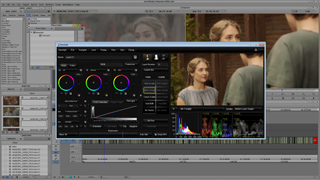 A video editing software interface showing a color grading panel over a film scene.