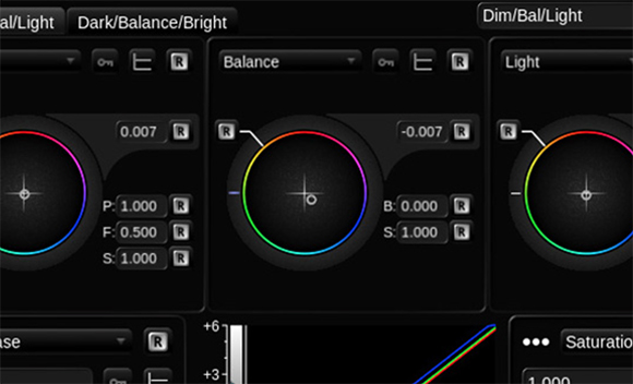Digital interface showing color wheels for balance and light adjustments on a dark background.