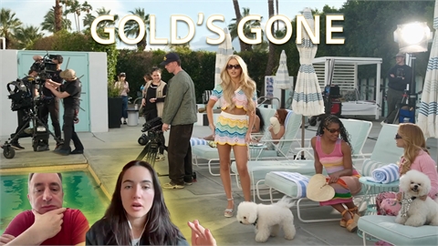 A collage showing a film set with crew, a woman in a colorful skirt, and two people in circular frames.