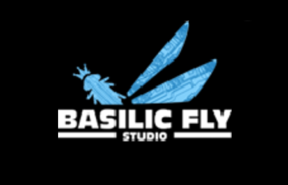 Blue stylized insect icon above the text BASILIC FLY STUDIO on a black background.