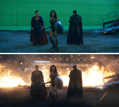 Superman, Wonder Woman, and Batman stand on a green screen set next to a final cinematic shot with explosions.