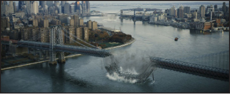 A large suspension bridge breaks apart and collapses into a river in front of a city skyline.