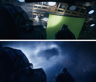 A split view showing a film set with a green screen and a dark, rainy cinematic shot of a character.