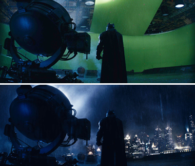 Top: A figure in a cape stands before a green screen. Bottom: The same scene composited with a dark, rainy cityscape.