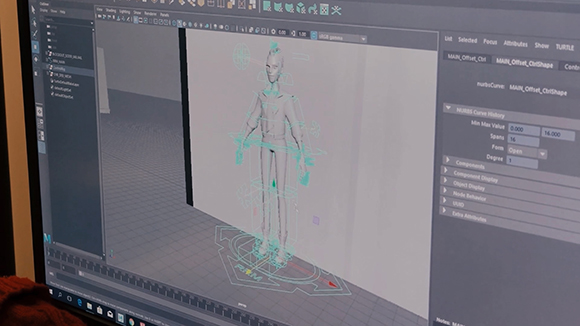 A computer screen showing a 3D modeling program with a wireframe humanoid character model.