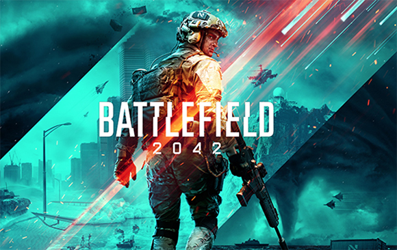 A soldier in tactical gear stands amidst a chaotic battlefield with explosions and aircraft.