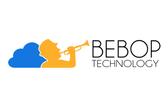Blue cloud and yellow silhouette of a person playing a trumpet next to the text BEBOP TECHNOLOGY.