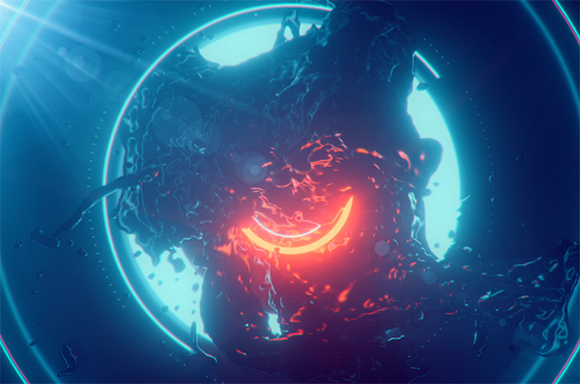A dark, amorphous shape with a glowing red crescent center against a bright blue circular background.
