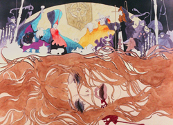 Illustration of a woman with long reddish hair lying below a group of colorful, stylized figures under a moon.