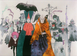 Surreal watercolor illustration of masked figures in colorful, dramatic capes and headwear.