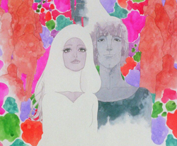 Watercolor painting of a woman in white and a man in dark clothing against a colorful, abstract background.