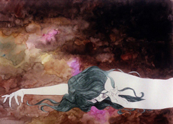 Stylized illustration of a woman with long dark hair floating against a dark, textured, watercolor-style background.