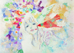 Impressionistic painting of a pale woman surrounded by vibrant, colorful floral strokes and a large red and green bird.