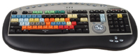 An ergonomic keyboard with various colored keys including green, blue, yellow, orange, and red.
