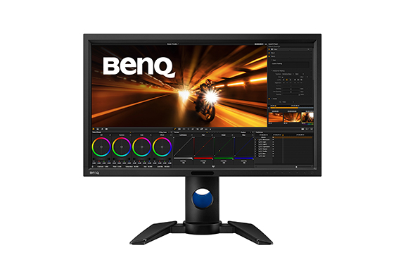 A black BenQ computer monitor displaying a video editing interface with a motorcycle scene.