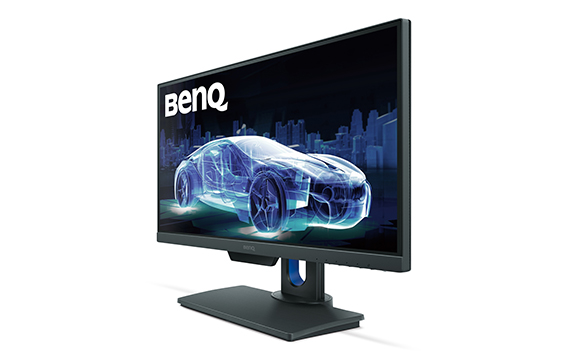 A BenQ computer monitor displaying a blue digital wireframe of a car against a dark cityscape.