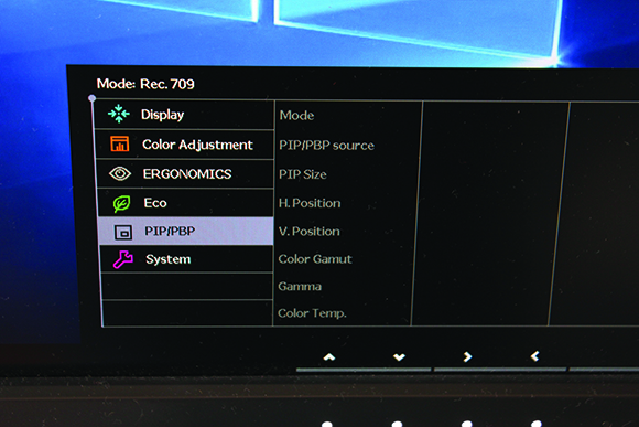 A black monitor menu showing settings for Display, Color Adjustment, Ergonomics, Eco, PIP/PBP, and System.