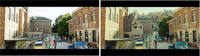 Two versions of a street scene featuring brick buildings, pedestrians, and colorful vintage cars.