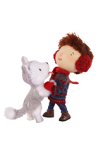 Plush toy of a boy in a red scarf and sweater hugging a small grey and white plush dog.