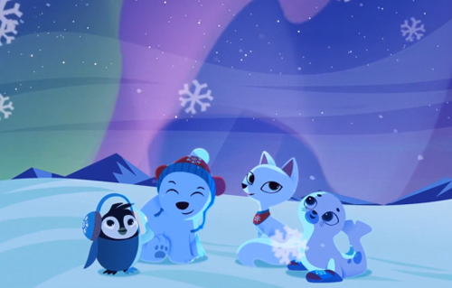 Animated penguin, polar bear, arctic fox, and seal sitting together under a colorful aurora sky.