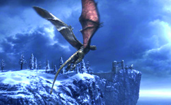 A large dragon with outstretched wings flies over a snowy cliffside and forest under a blue sky.