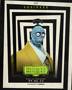 A stylized poster featuring a blue-skinned character with wild hair in a yellow suit against a geometric background.