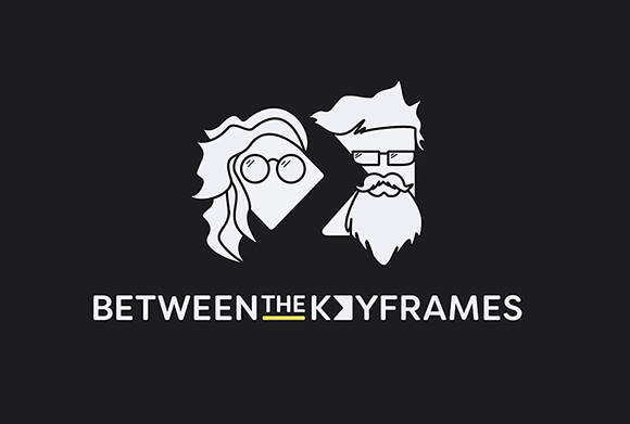 White stylized line art of two faces facing each other above the text 'BETWEEN THE KEYFRAMES'.