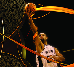 A basketball player in a white jersey jumps to dunk a basketball amidst swirling orange light trails.