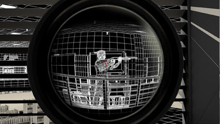 Wireframe illustration of a person holding a rifle seen through a circular black lens.