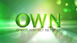 The green 3D letters OWN above the text Oprah Winfrey Network on a glowing green background.