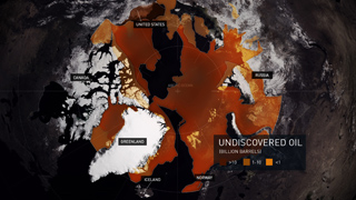 Map of the Arctic showing orange-shaded areas of undiscovered oil reserves near Russia, Canada, and Greenland.