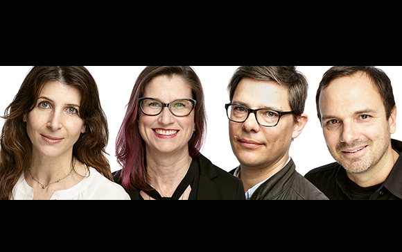 Four smiling adults, two women and two men, shown in a horizontal row against a white background.
