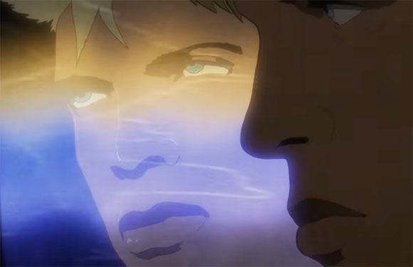 Close-up profile of two male anime characters with light-colored hair and intense expressions.