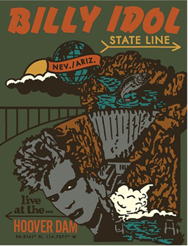 Stylized poster for Billy Idol featuring a face, a globe, and a dam illustration in teal, orange, and brown.