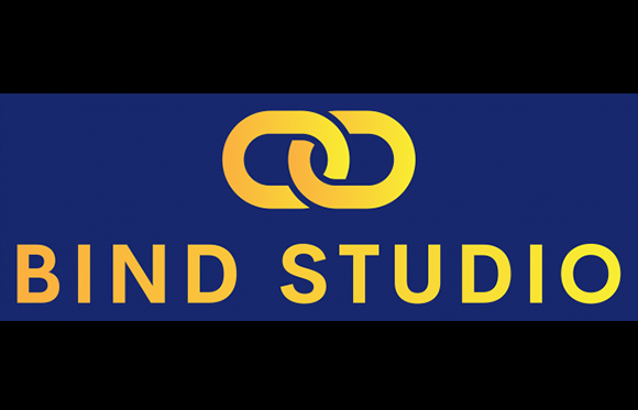 Yellow interlocking chain link icon above the text BIND STUDIO on a blue background.