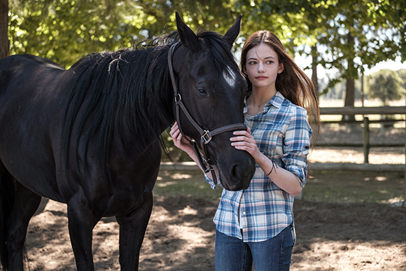 A young woman in a plaid shirt stands beside a large black horse in a sunlit outdoor setting.