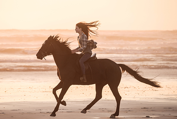 A woman with long hair riding a dark horse along a sandy beach during sunset.