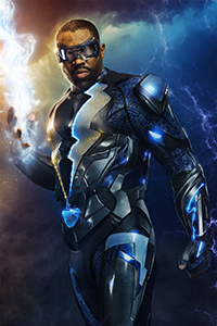 A man in black and blue high-tech armor holds a glowing blue energy flame against a lightning background.