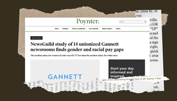 Screenshot of a Poynter article titled 'NewsGuild study of 14 unionized Gannett newsrooms finds gender and racial pay gaps'.