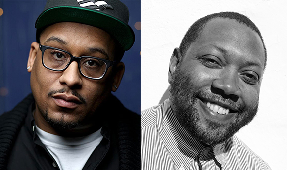 A color portrait of a man in a baseball cap and glasses next to a black and white portrait of a smiling man.